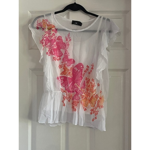 iZ Amy Byer Other - iZ Amy Byer Butterfly Floral Sheer Ruffle Blouse Top White Pink Orange Size XL